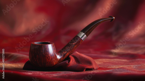 Classic smoking pipe on vibrant red cloth background with soft lighting