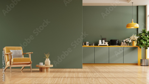 Green kitchen and minimalist interior design with yellow armchair- 3D rendering
