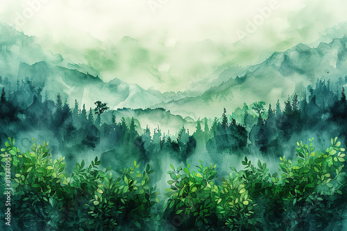 A lush green forest with a misty sky in the background