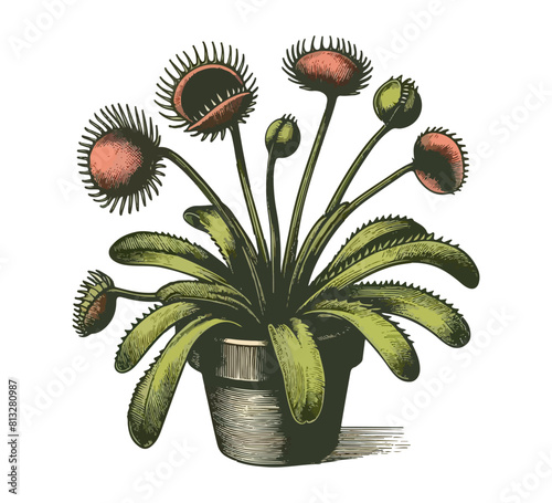 Venus flytrap plant hand drawn vector