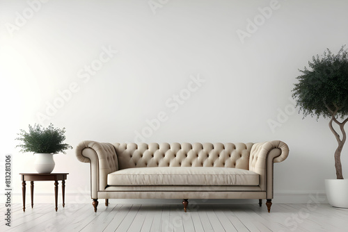 elegant living room interior with single vintage sofa in front of white wall, copy space, 3D Illustration