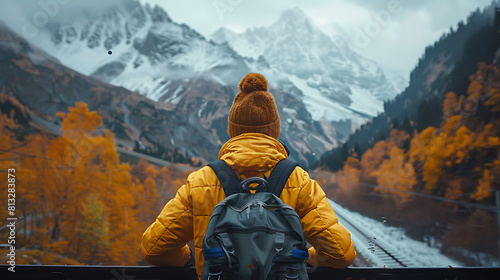 Cinematic and symmetrical beautiful shot of Male traveler, travel blogger and inspired adventurer hang out of train window, look at amazing landscape of autumn mountains