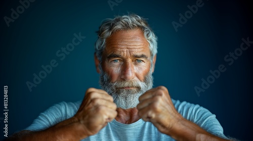 Homem com idoso com punhos cerrados, preparado para lutar por tudo, ele não desiste apesar da idade, esta pronto para desafios.
