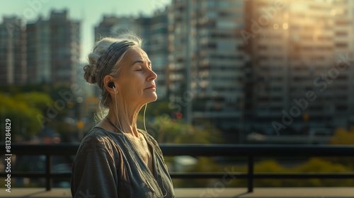 Senhora idosa respirando profundamente enquanta pega sol e recupera vitamina D, ouvindo música com seus fones de ouvido