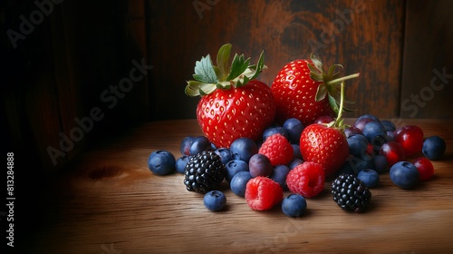 Frutas vermelhas suculentas, morango, amora, framboesa e mirtillo sobre uma bancada, cores fortes e maduros