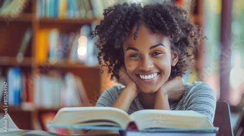 Inclusive image of a happy female african american pupil studying at school. University student studying and revising for exams. Diversity and ethnic minority representation at college.