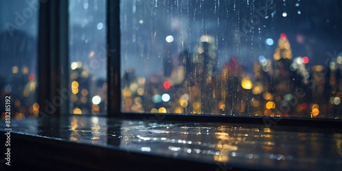  A rainy windowpane with blurred city lights outside