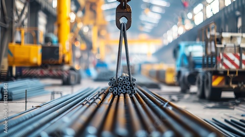 A crane is lifting steel bars from the warehouse and filling them into rolls of iron profile on tracks in front, blurred background of construction site with cranes and trucks, steel bar warehouse int