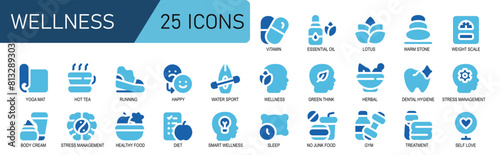 vector illustration wellnes.icon.style duotone.contains wellness,kayak,happy,shoes,running,sports,hot tea,mattress,yoga,body cream,stress management,healthy food.