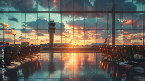 Empty chairs in the departure hall at airport , with the control tower and an airplane taking off at sunset, Travel and transportation concepts