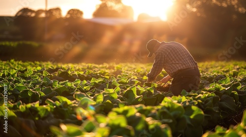 A farmer wearing a hat and casual clothes is working in a lush green field of tobacco plants.