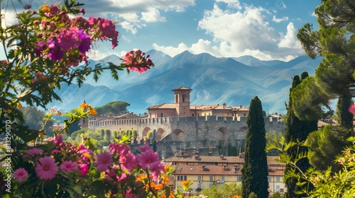 The ancient city walls of Lucca, framed by vibrant flowers and towering trees, with the rugged Apuan Alps rising in the distance.
