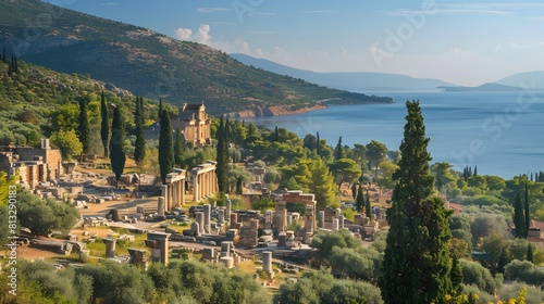 The ancient ruins of Ephesus, nestled amidst olive groves and pine forests, with the Aegean Sea shimmering in the distance.