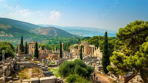 The ancient ruins of Ephesus, nestled amidst olive groves and pine forests, with the Aegean Sea shimmering in the distance.