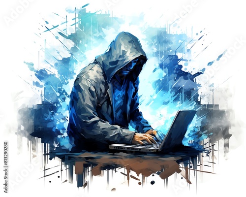 Hacker in action flat design side view thriller theme water color Monochromatic Color Scheme