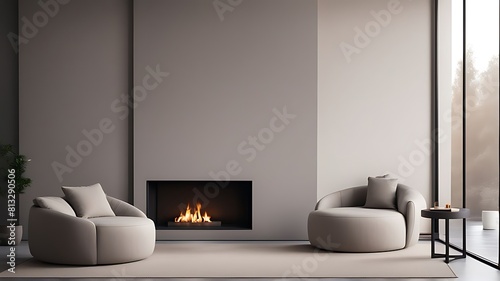  Sofa and pouf against wall with fireplace. Minimalist interior design of modern living room, home. 