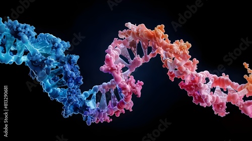Visualization of DNA double helix mutation, genetic engineering future science mutations and diseases. AI digital illustration of human dna from microscope. Microbiology DNA gene research.