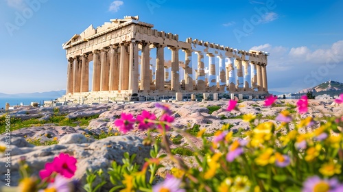 The ancient ruins of the Parthenon atop the Acropolis in Athens, Greece, framed by vibrant springtime flowers and the distant blue sea