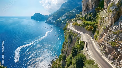 The breathtaking Amalfi Coast, with its winding coastal roads offering panoramic views of dramatic cliffs, picturesque villages, and crystal-clear waters below