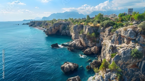 The dramatic coastline of Antalya, with its towering cliffs and secluded coves lapped by the azure waters of the Mediterranean Sea.