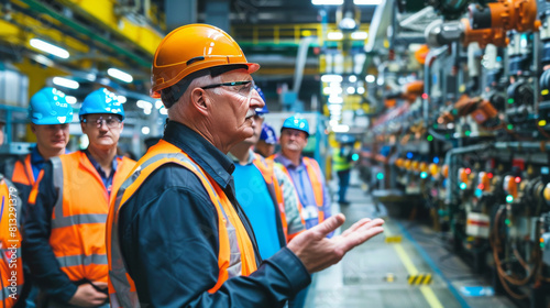 An experienced industrial supervisor discusses operational details with factory workers in a bustling plant.