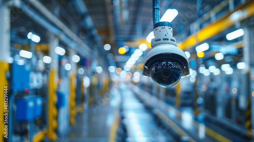 Close-up of a security camera overseeing a busy factory floor.