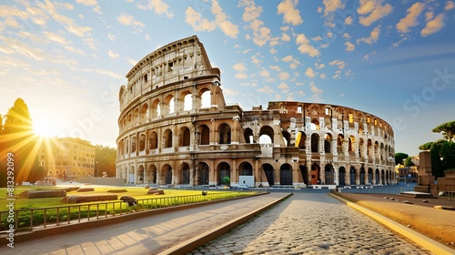 The iconic Colosseum in Rome, bathed in golden sunlight against a backdrop of lush greenery and vibrant blue skies.