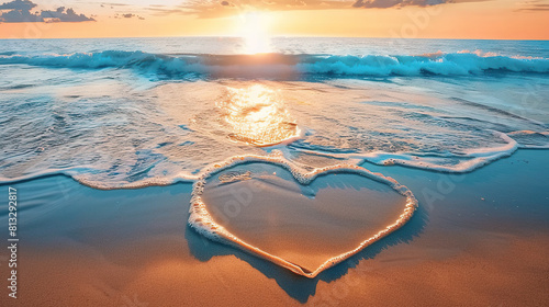 Heart shaped sand on a tranquil beach, created by hand to symbolize love and romance. Generative AI