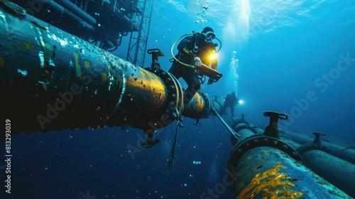An Expert technicians are diving to install underwater oil and gas pipelines in blue undersea industrial equipment for energy transportation.
