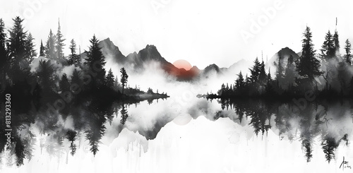 Seamless pattern with foggy mountains and pine trees in black and white colors. Hand drawn watercolor mountain landscape pattern. For print, graphic design, on white and transparent background