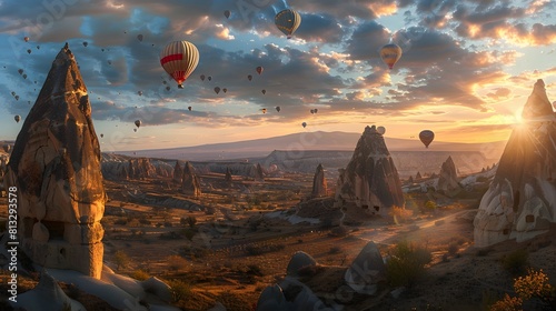 The otherworldly landscape of Cappadocia, with its fairy chimney rock formations and hot air balloons drifting peacefully across the sky at sunrise.