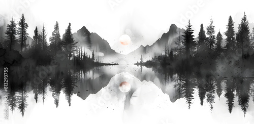 Seamless pattern with foggy mountains and pine trees in black and white colors. Hand drawn watercolor mountain landscape pattern. For print, graphic design, on white and transparent background