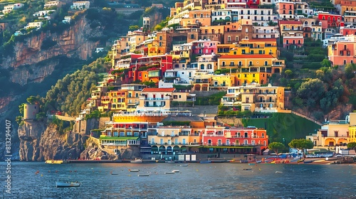 The picturesque village of Positano on the Amalfi Coast, with colorful houses cascading down steep cliffs overlooking the azure waters of the Mediterranean Sea.