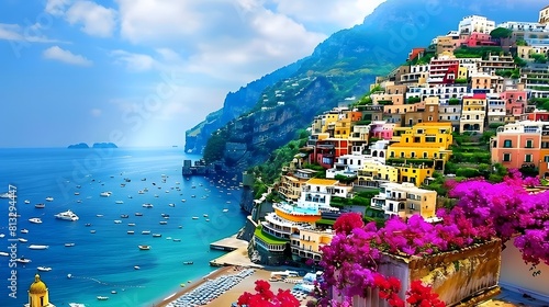 The picturesque village of Positano on the Amalfi Coast, with colorful houses cascading down steep cliffs overlooking the azure waters of the Mediterranean Sea.