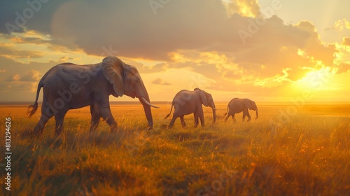 Regal elephant family strolling across an expansive savannah bathed in golden light. 