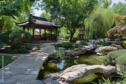 A traditional Chinese scholar's garden with winding paths, pavilions, and tranquil ponds, inspired by ancient poetry and philosophy, Generative AI