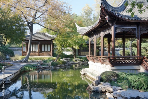 A traditional Chinese scholar's garden with winding paths, pavilions, and tranquil ponds, inspired by ancient poetry and philosophy, Generative AI