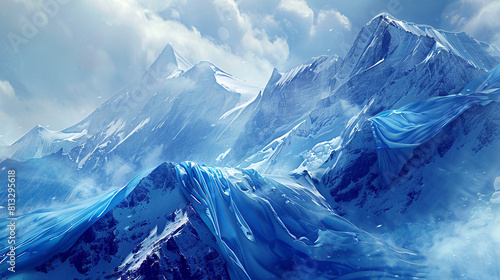 A gigantic, sapphire banner stretched taut across a snowy mountain peak, billowing in the frigid air.