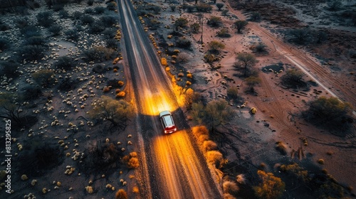long exposure drone image showing vehicle taillights on a corrugated road, tanami desert, northern territory, australia
