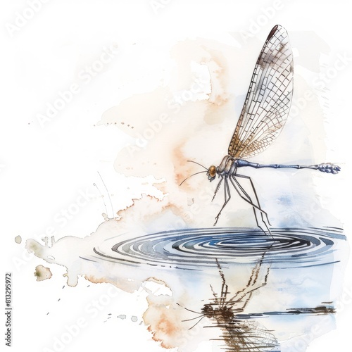 Watercolor painting of a delicate damselfly perched on a slender reed by the edge of a pond, on isolated white background, Generative AI
