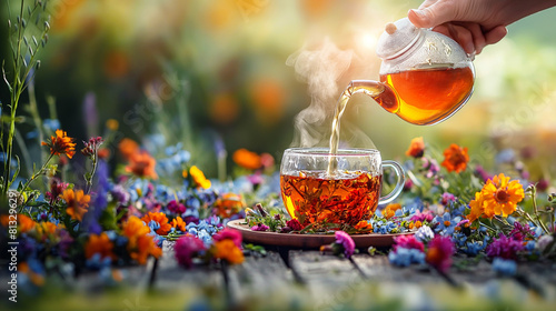 Closeup of a female hand pouring hot herbal tea from a teapot into cup on a wooden table, with blurry background of vibrant colors of wildflowers