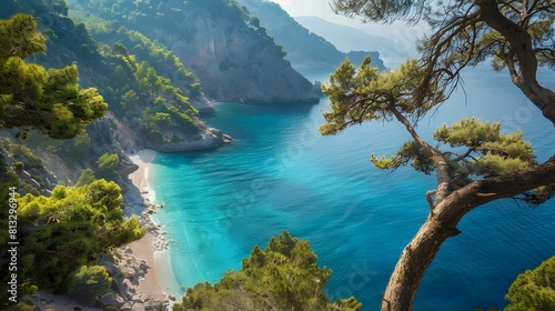 The turquoise waters and pristine beaches of ?-l??deniz, framed by rugged cliffs and verdant pine forests.