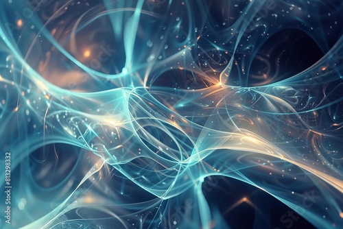 Abstract render of glowing energy filaments in deep space.