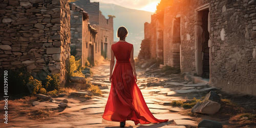 Beautiful woman in flowing red dress, walking along the street of a ruined ancient city at sunset