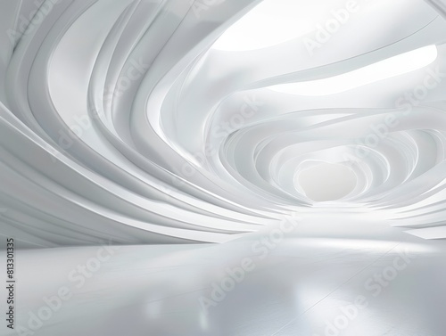 The image is a 3D rendering of a white, futuristic tunnel. The tunnel is made of smooth, curved surfaces and is lit by a bright light at the end of the tunnel.