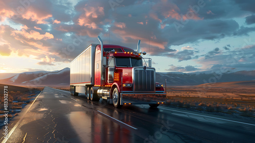 Powerful long haul big rig industrial grade diesel semi truck transporting commercial food cargo in refrigerated semi trailer running on the flat road with sky and hills view in Columbia Gorge