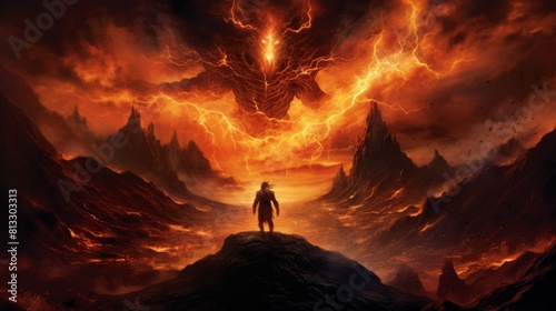 Dramatic depiction of a devil character overseeing a fiery landscape, with swirling flames and dark, rocky terrain