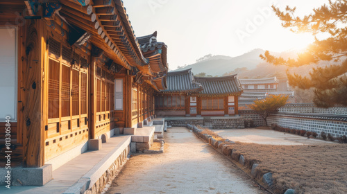a peaceful Korean palace during a sunny day, detailed wooden architecture, warm tones, clear skies