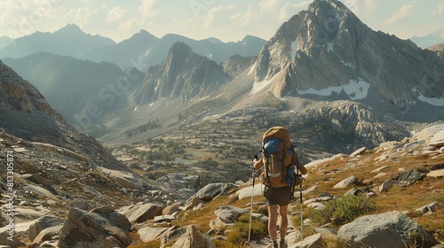 A woman with a backpack is hiking in the mountains. She is surrounded by tall mountains and a clear blue sky.