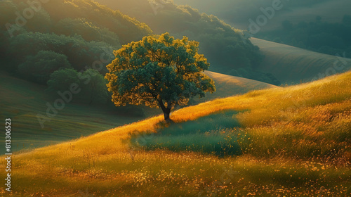 A single tree stands atop a gently sloping hill, bathed in the golden light of a setting sun, highlighting tranquility and solitude.